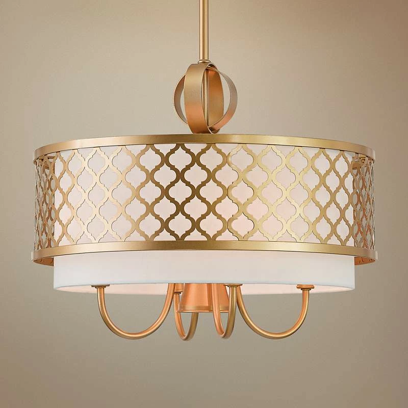 Arabesque 18" Wide Soft Gold Drum Pendant With Downlight 3 Arabesque 18" Wide Soft Gold Drum Pendant With Downlight