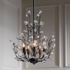 Aurine 18" Wide Matte Black And Crystal Floral 5-Light Chandelier