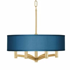 Blue Faux Silk Ava 6-Light Gold Pendant Chandelier