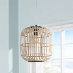 Eglo Bordesley 13 3/4" Wide Black And Natural Wood Pendant Light