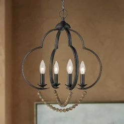 Golden Lighting Flori 17" Wide Matte Black Wood Beads 4-Light Pendant