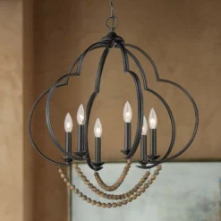 Golden Lighting Flori 24 1/4" Wide Matte Black Wood Beads 6-Light Pendant