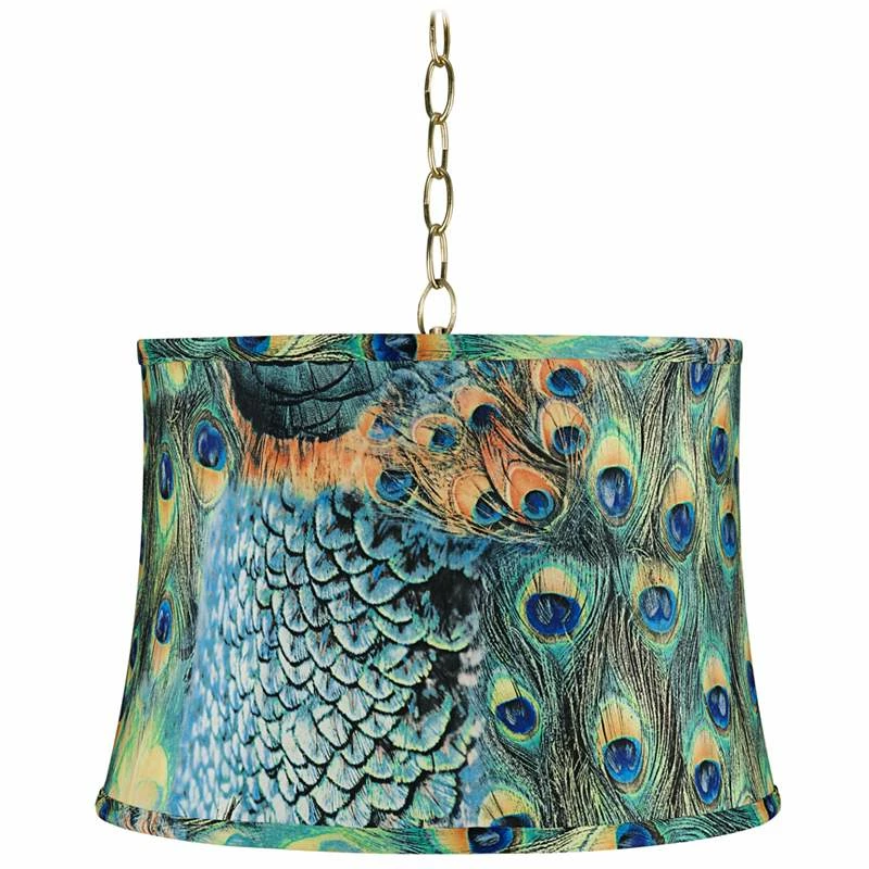 Peacock Print 16" Wide Antique Brass Shaded Pendant Light 3 Peacock Print 16" Wide Antique Brass Shaded Pendant Light