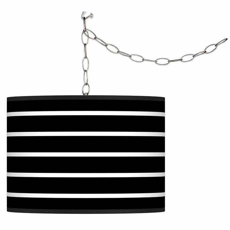 Swag Style Bold Black Stripe Shade Plug-In Chandelier 4 Swag Style Bold Black Stripe Shade Plug-In Chandelier - Image 2