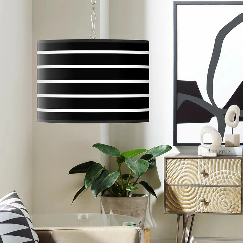 Swag Style Bold Black Stripe Shade Plug-In Chandelier 3 Swag Style Bold Black Stripe Shade Plug-In Chandelier