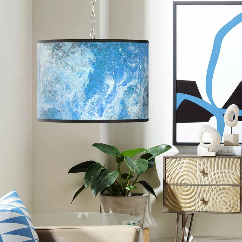 Swag Style Ultrablue Giclee Shade Plug-In Chandelier 3 Swag Style Ultrablue Giclee Shade Plug-In Chandelier