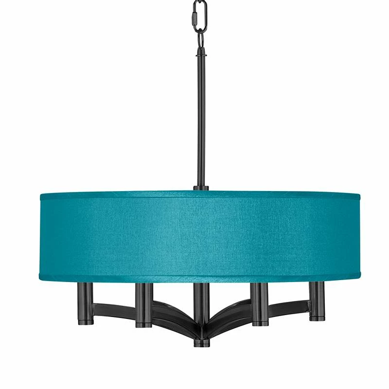 Teal Blue Faux Silk Ava 6-Light Black Pendant Chandelier 3 Teal Blue Faux Silk Ava 6-Light Black Pendant Chandelier