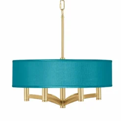 Teal Blue Faux Silk Ava 6-Light Gold Pendant Chandelier