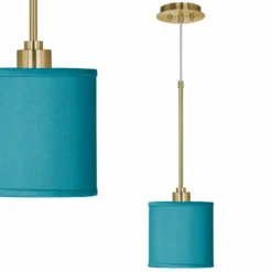 Teal Blue Faux Silk Giclee Gold Mini Pendant Light