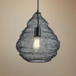 Troy Wabi Sabi 14" Wide Black Pendant Light With Black Iron Mesh Shade